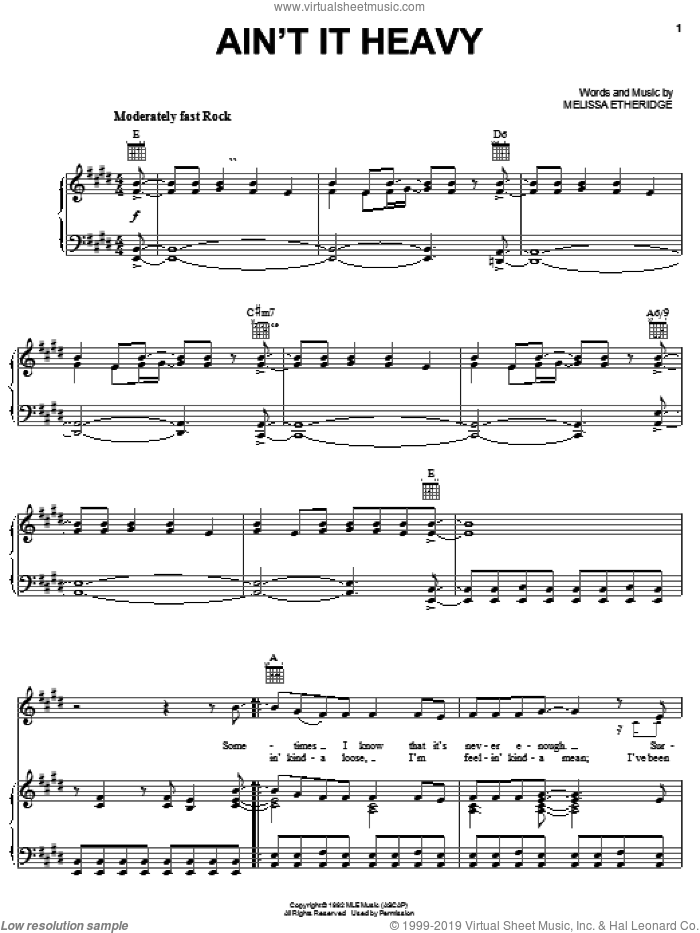 Ain't It Heavy sheet music for voice, piano or guitar by Melissa Etheridge, intermediate skill level
