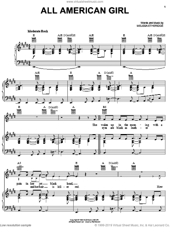All American Girl sheet music for voice, piano or guitar by Melissa Etheridge, intermediate skill level