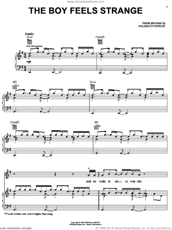 The Boy Feels Strange sheet music for voice, piano or guitar by Melissa Etheridge, intermediate skill level