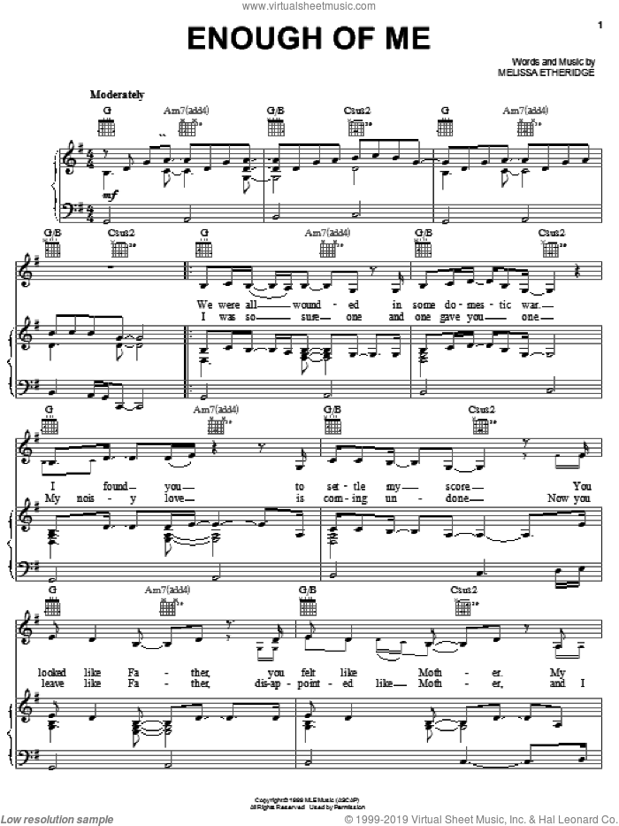 Enough Of Me sheet music for voice, piano or guitar by Melissa Etheridge, intermediate skill level