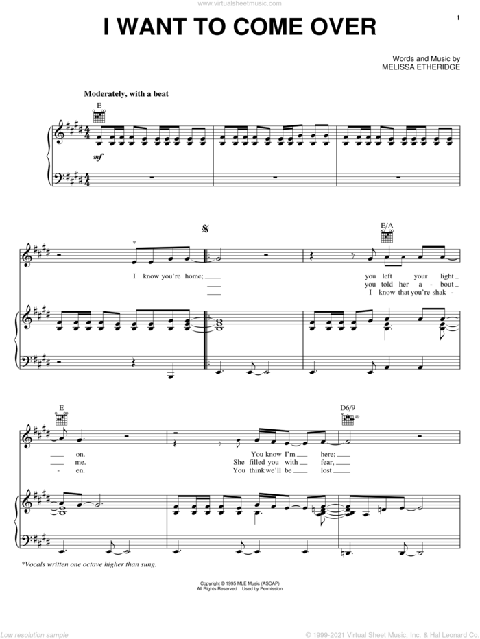 I Want To Come Over sheet music for voice, piano or guitar by Melissa Etheridge, intermediate skill level