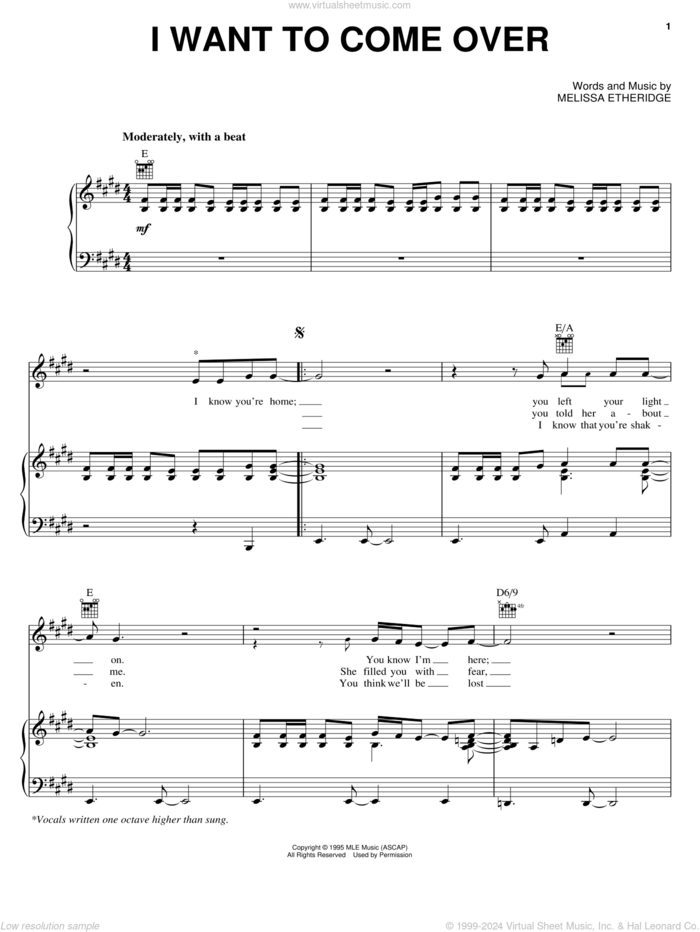 I Want To Come Over sheet music for voice, piano or guitar by Melissa Etheridge, intermediate skill level