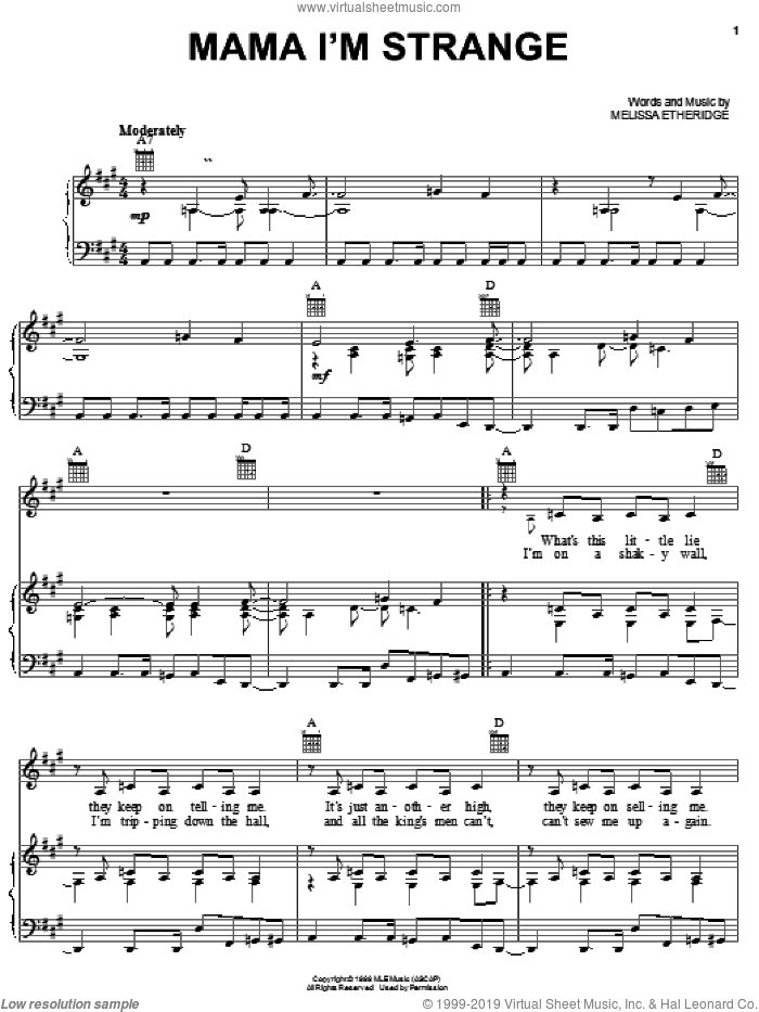 Mama I'm Strange sheet music for voice, piano or guitar by Melissa Etheridge, intermediate skill level