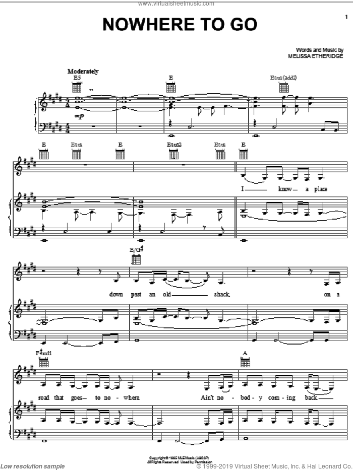 Nowhere To Go sheet music for voice, piano or guitar by Melissa Etheridge, intermediate skill level
