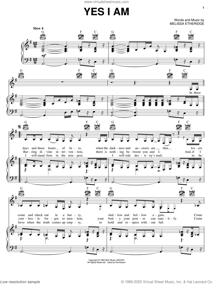 Yes I Am sheet music for voice, piano or guitar by Melissa Etheridge, intermediate skill level