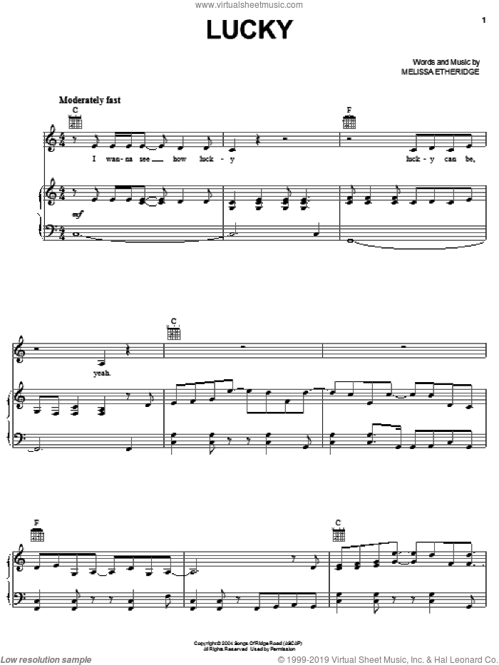 Lucky sheet music for voice, piano or guitar by Melissa Etheridge, intermediate skill level