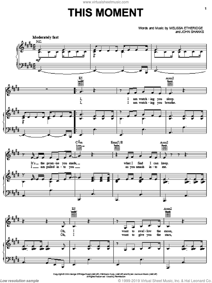 This Moment sheet music for voice, piano or guitar by Melissa Etheridge and John Shanks, intermediate skill level