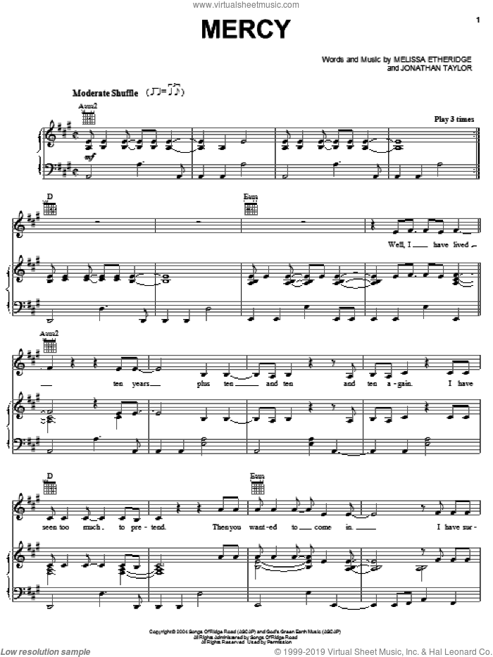 Mercy sheet music for voice, piano or guitar by Melissa Etheridge and Jonathan Taylor, intermediate skill level