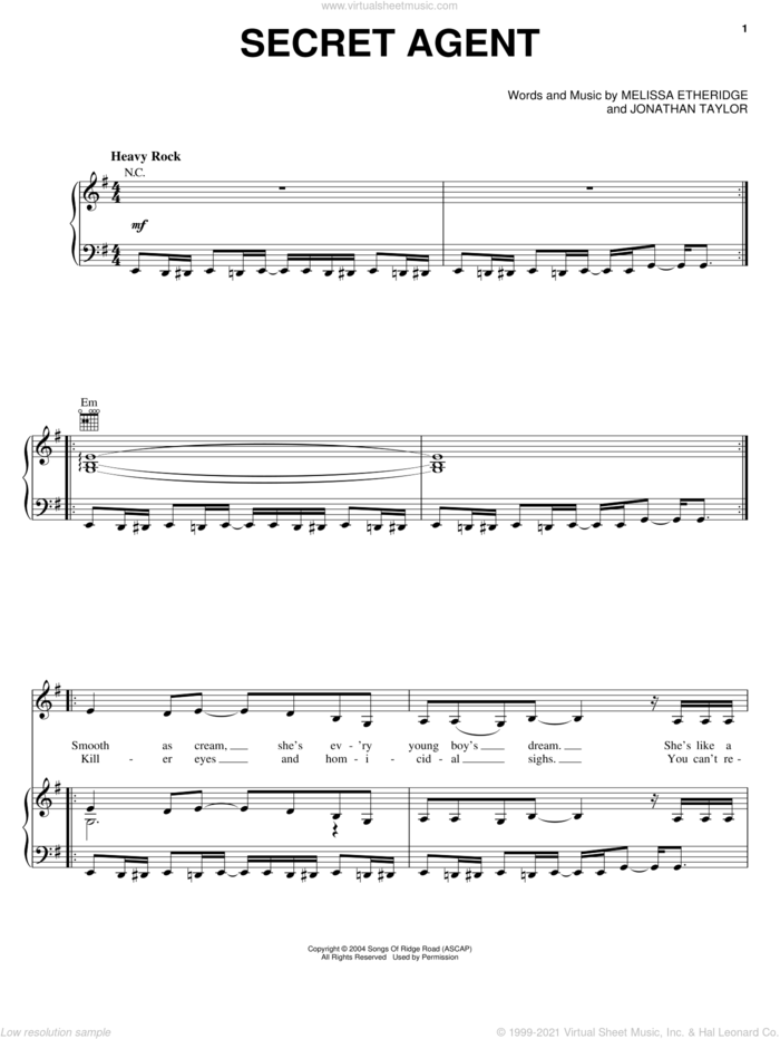 Secret Agent sheet music for voice, piano or guitar by Melissa Etheridge and Jonathan Taylor, intermediate skill level