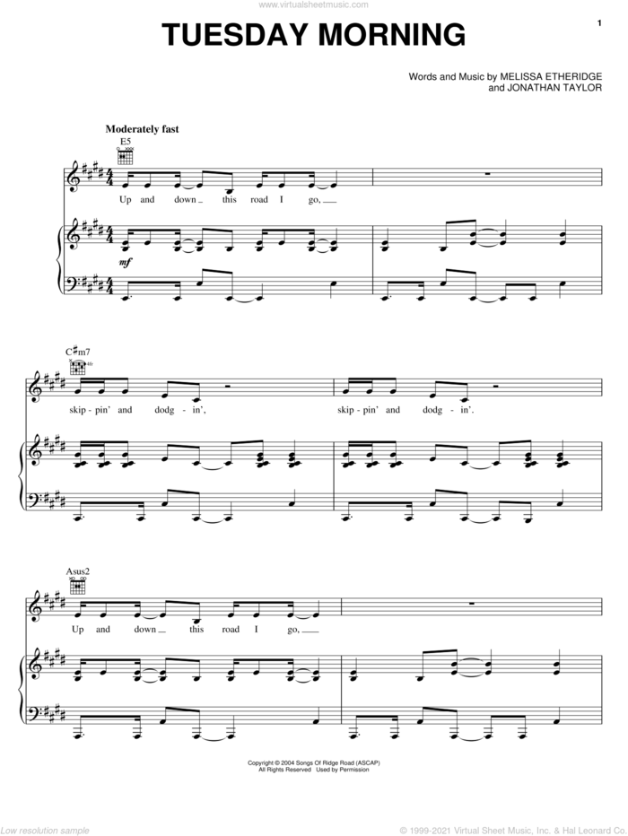 Tuesday Morning sheet music for voice, piano or guitar by Melissa Etheridge and Jonathan Taylor, intermediate skill level