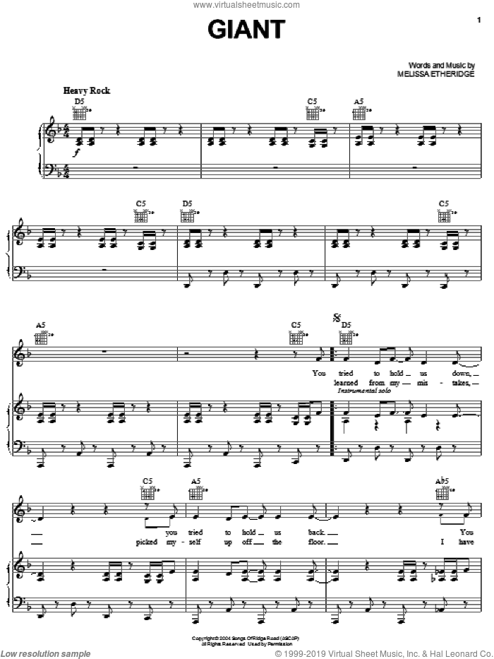 Giant sheet music for voice, piano or guitar by Melissa Etheridge, intermediate skill level