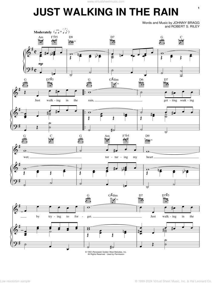 Just Walking In The Rain sheet music for voice, piano or guitar by Johnnie Ray, Jim Reeves, Johnny Bragg and Robert S. Riley, intermediate skill level