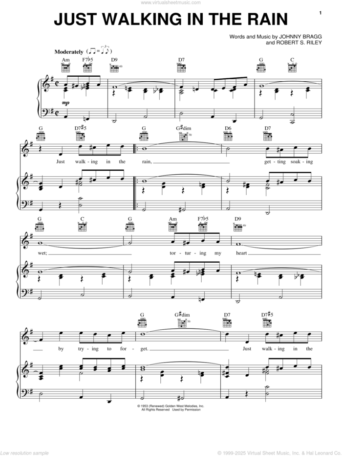 Just Walking In The Rain sheet music for voice, piano or guitar by Johnnie Ray, Jim Reeves, Johnny Bragg and Robert S. Riley, intermediate skill level