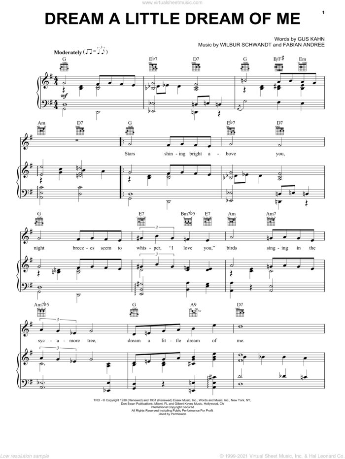 Dream A Little Dream Of Me sheet music for voice, piano or guitar by Louis Armstrong, Ella Fitzgerald, Nat King Cole, The Mamas & The Papas, Fabian Andree, Gus Kahn and Wilbur Schwandt, intermediate skill level