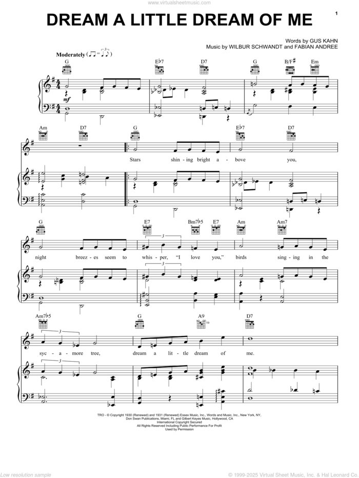 Dream A Little Dream Of Me sheet music for voice, piano or guitar by Louis Armstrong, Ella Fitzgerald, Nat King Cole, The Mamas & The Papas, Fabian Andree, Gus Kahn and Wilbur Schwandt, intermediate skill level