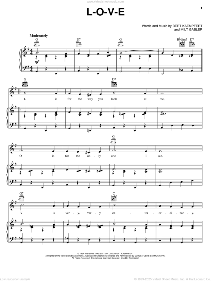 L-O-V-E sheet music for voice, piano or guitar by Nat King Cole, Natalie Cole, Peggy Lee, Wayne Newton, Bert Kaempfert and Milt Gabler, wedding score, intermediate skill level