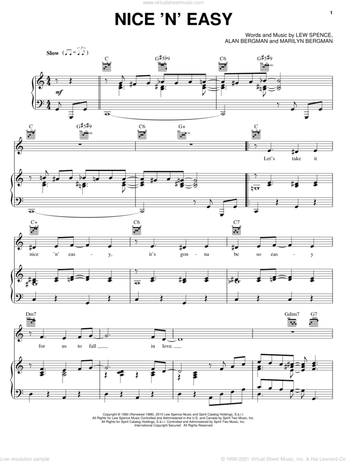 Nice 'n' Easy sheet music for voice, piano or guitar by Frank Sinatra, Alan Bergman, Lew Spence and Marilyn Bergman, intermediate skill level