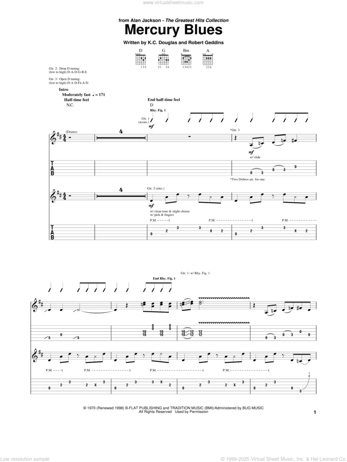 Mercury Blues sheet music for guitar (tablature) by Alan Jackson, K.C. Douglas and Robert Geddins, intermediate skill level