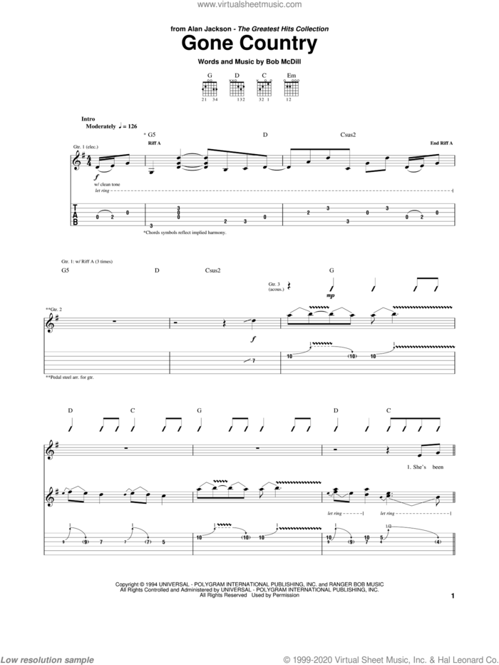 Gone Country sheet music for guitar (tablature) by Alan Jackson and Bob McDill, intermediate skill level