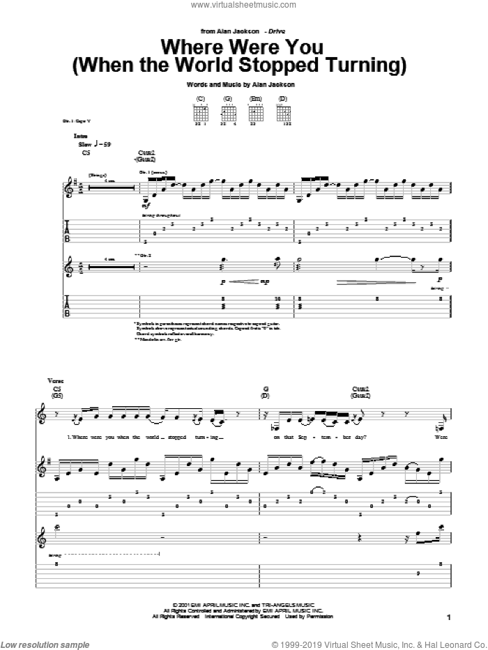 Where Were You (When The World Stopped Turning) sheet music for guitar (tablature) by Alan Jackson, intermediate skill level