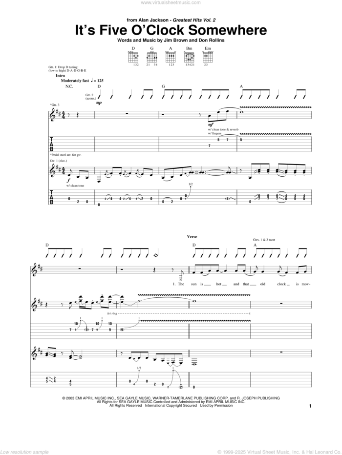 It's Five O'Clock Somewhere sheet music for guitar (tablature) by Alan Jackson & Jimmy Buffett, Alan Jackson, Jimmy Buffett, Don Rollins and Jim Brown, intermediate skill level