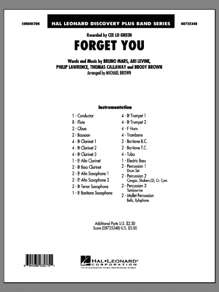 Forget You (COMPLETE) sheet music for concert band by Bruno Mars, Ari Levine, Brody Brown, Philip Lawrence, Thomas Callaway, Cee Lo Green and Michael Brown, intermediate skill level