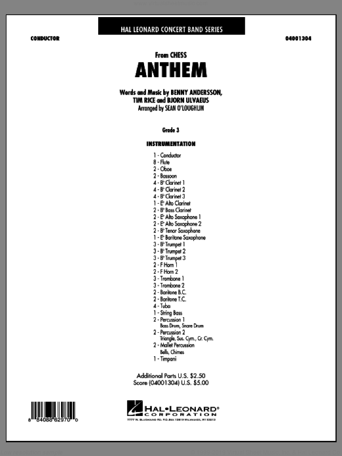 Anthem (from Chess) (COMPLETE) sheet music for concert band by Tim Rice, Benny Andersson and Bjorn Ulvaeus, intermediate skill level