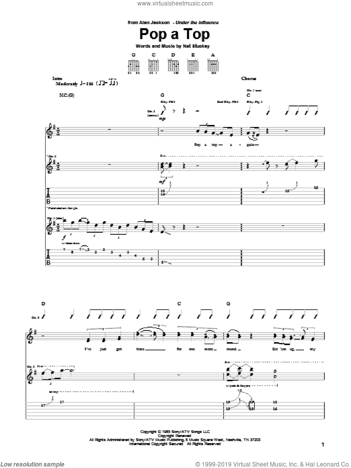 Pop A Top sheet music for guitar (tablature) by Alan Jackson, Jim Ed Brown and Nat Stuckey, intermediate skill level