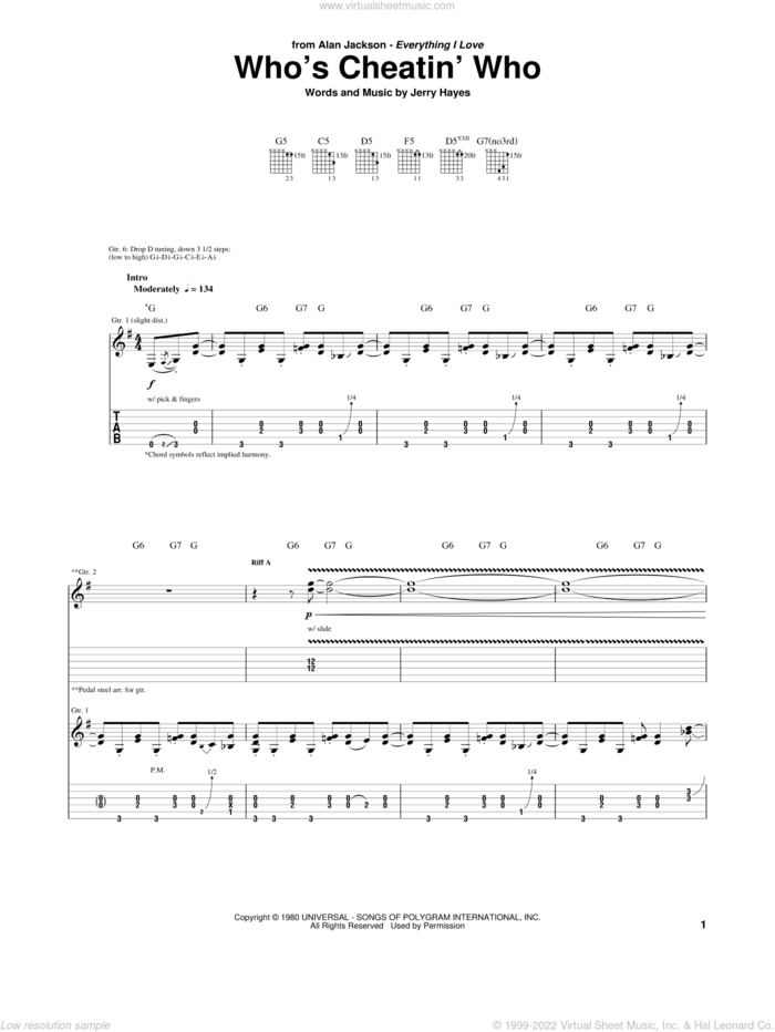 Who's Cheatin' Who sheet music for guitar (tablature) by Alan Jackson, Charly McClain and Jerry Hayes, intermediate skill level