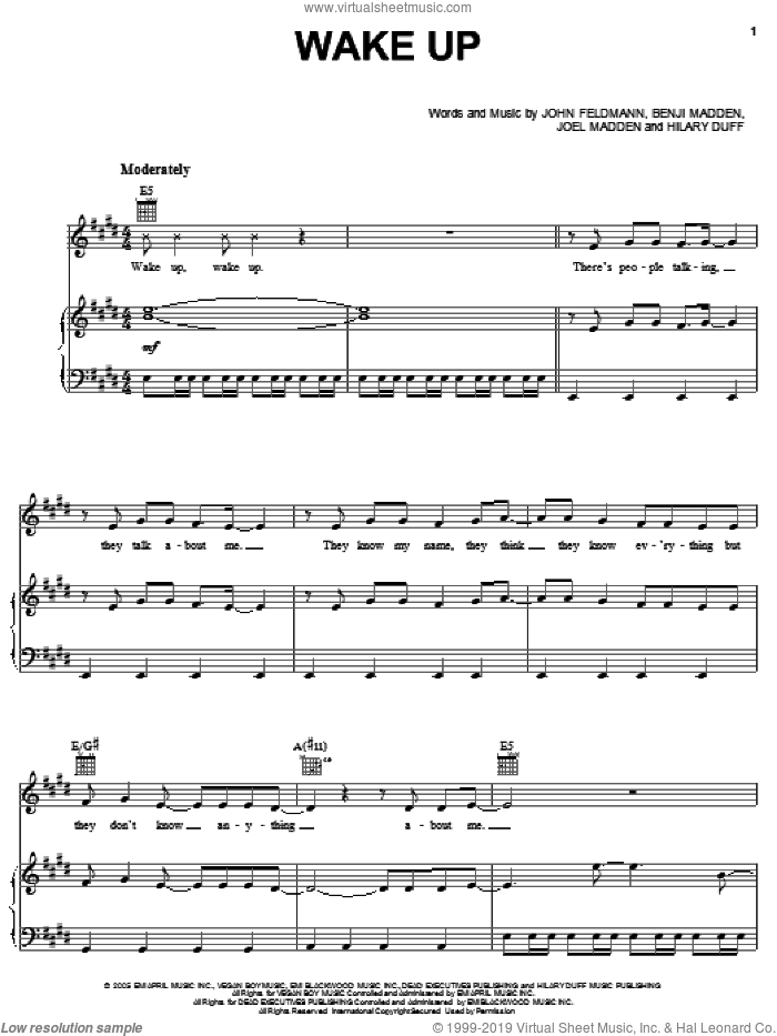 Wake Up sheet music for voice, piano or guitar by Hilary Duff, Benji Madden, Joel Madden and John Feldmann, intermediate skill level
