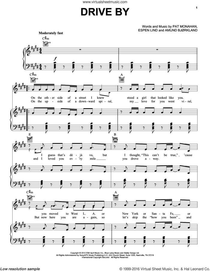 Drive By sheet music for voice, piano or guitar by Train, Amund Bjorkland, Espen Lind and Pat Monahan, intermediate skill level