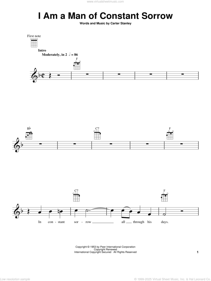 I Am A Man Of Constant Sorrow (from The Daily Ukulele) sheet music for ukulele by The Soggy Bottom Boys and Carter Stanley, intermediate skill level