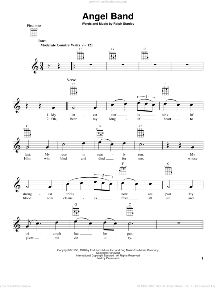 Angel Band sheet music for ukulele by The Stanley Brothers and Ralph Stanley, intermediate skill level