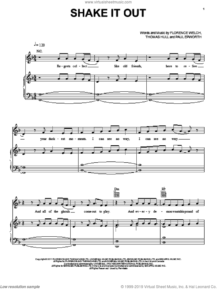 Shake It Out sheet music for voice, piano or guitar by Florence And The Machine, Florence Welch, Paul Epworth and Tom Hull, intermediate skill level