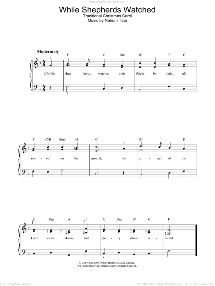 While Shepherds Watched sheet music for voice, piano or guitar  and Nahum Tate, intermediate skill level