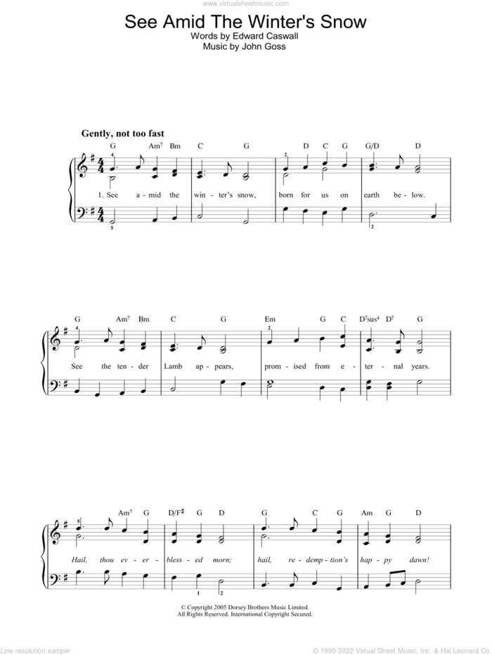 See Amid The Winter's Snow sheet music for piano solo by Edward Caswall and John Goss, easy skill level