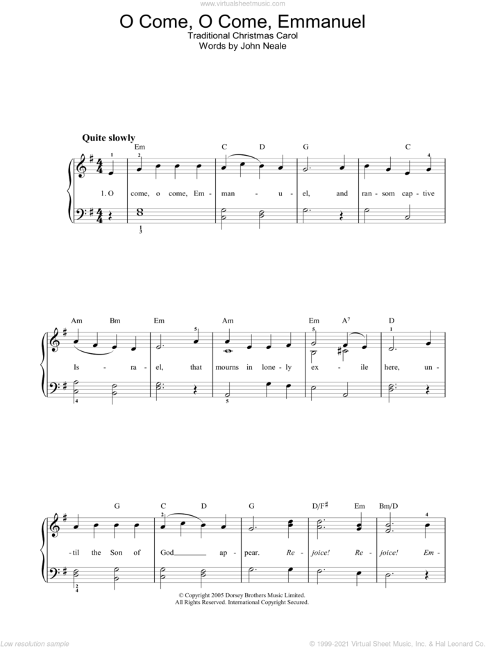 O Come, O Come Emmanuel sheet music for voice, piano or guitar  and John Mason Neale, intermediate skill level