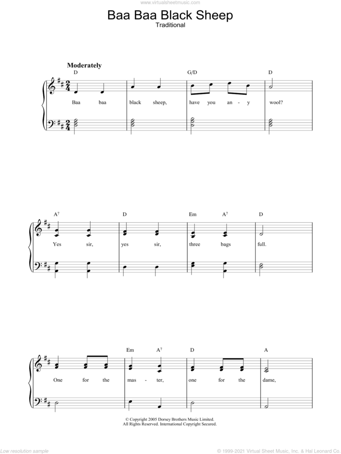 Baa Baa Black Sheep sheet music for voice, piano or guitar, intermediate skill level