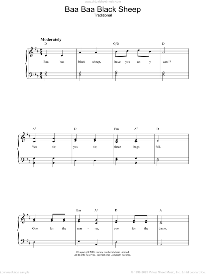 Baa Baa Black Sheep sheet music for voice, piano or guitar, intermediate skill level