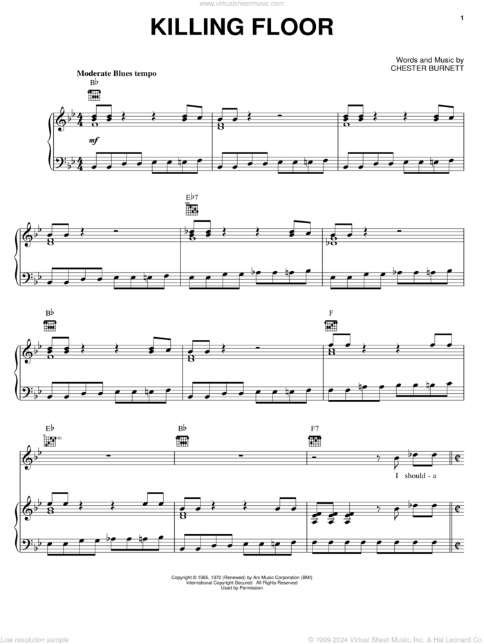 Killing Floor sheet music for voice, piano or guitar by Albert King, Jimi Hendrix, Mike Bloomfield and Chester Burnett, intermediate skill level