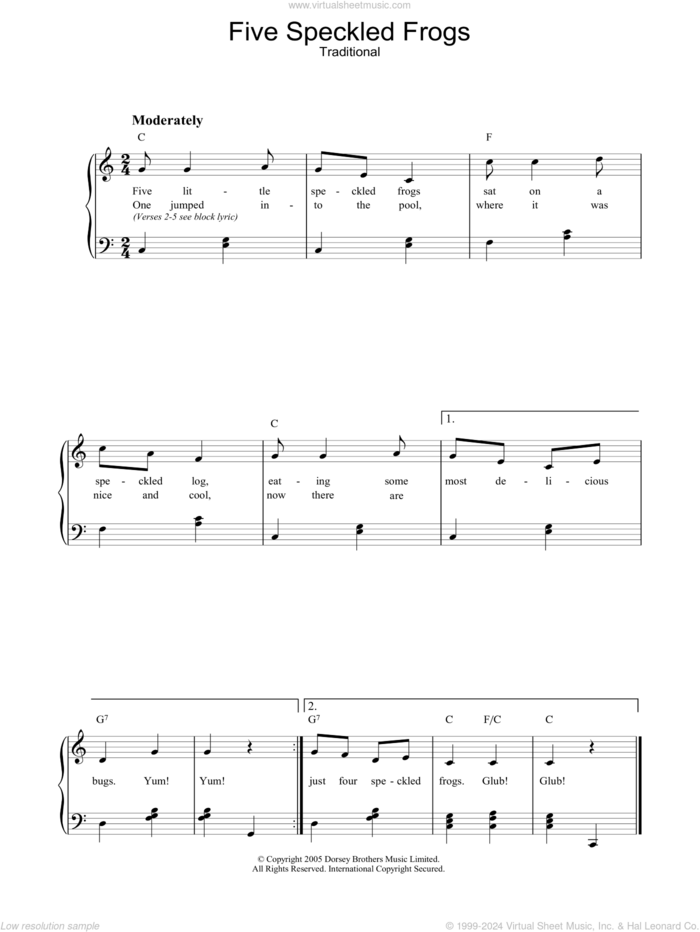 Five Little Speckled Frogs sheet music for voice, piano or guitar, intermediate skill level