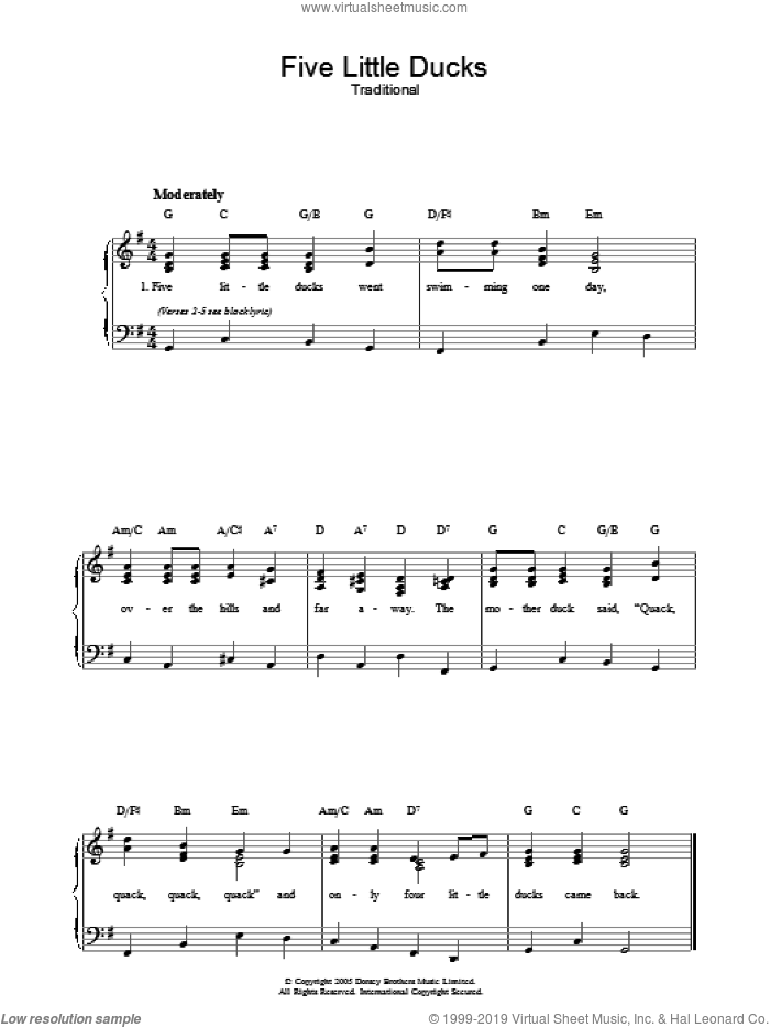 Five Little Ducks sheet music for voice, piano or guitar, intermediate skill level