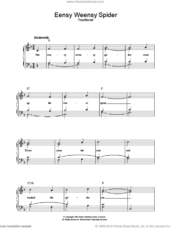 Eensy Weensy Spider sheet music for voice, piano or guitar, intermediate skill level