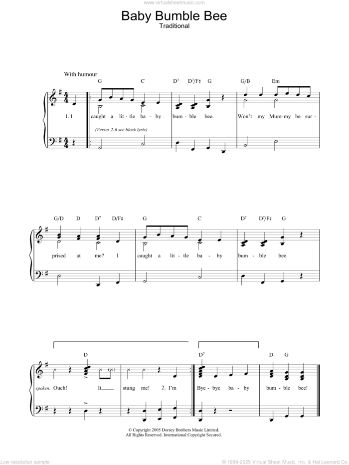 Baby Bumble Bee sheet music for voice, piano or guitar, intermediate skill level