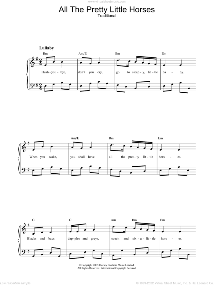 All The Pretty Little Horses sheet music for piano solo  and Southeastern American Folksong, easy skill level