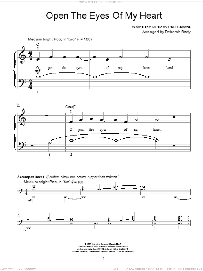 Open The Eyes Of My Heart sheet music for piano solo (elementary) by Paul Baloche, Deborah Brady, Miscellaneous and Sonicflood, beginner piano (elementary)
