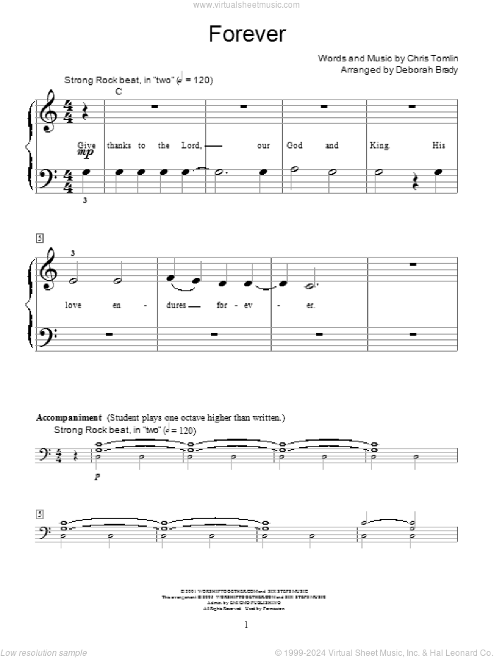 Forever (arr. Deborah Brady) sheet music for piano solo (elementary) by Chris Tomlin, Deborah Brady and Miscellaneous, beginner piano (elementary)