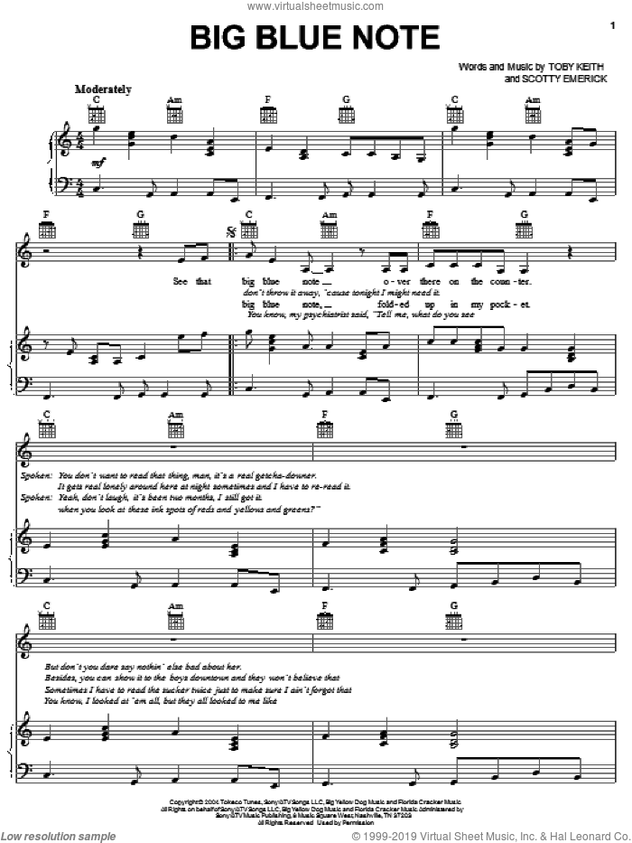 Big Blue Note sheet music for voice, piano or guitar by Toby Keith and Scotty Emerick, intermediate skill level