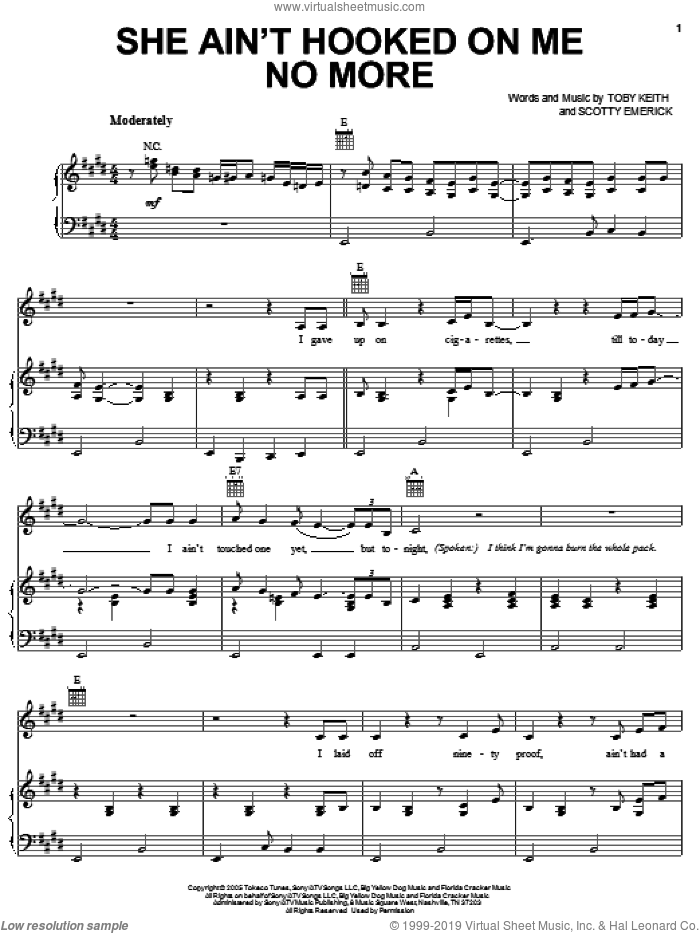 She Ain't Hooked On Me No More sheet music for voice, piano or guitar by Toby Keith and Scotty Emerick, intermediate skill level