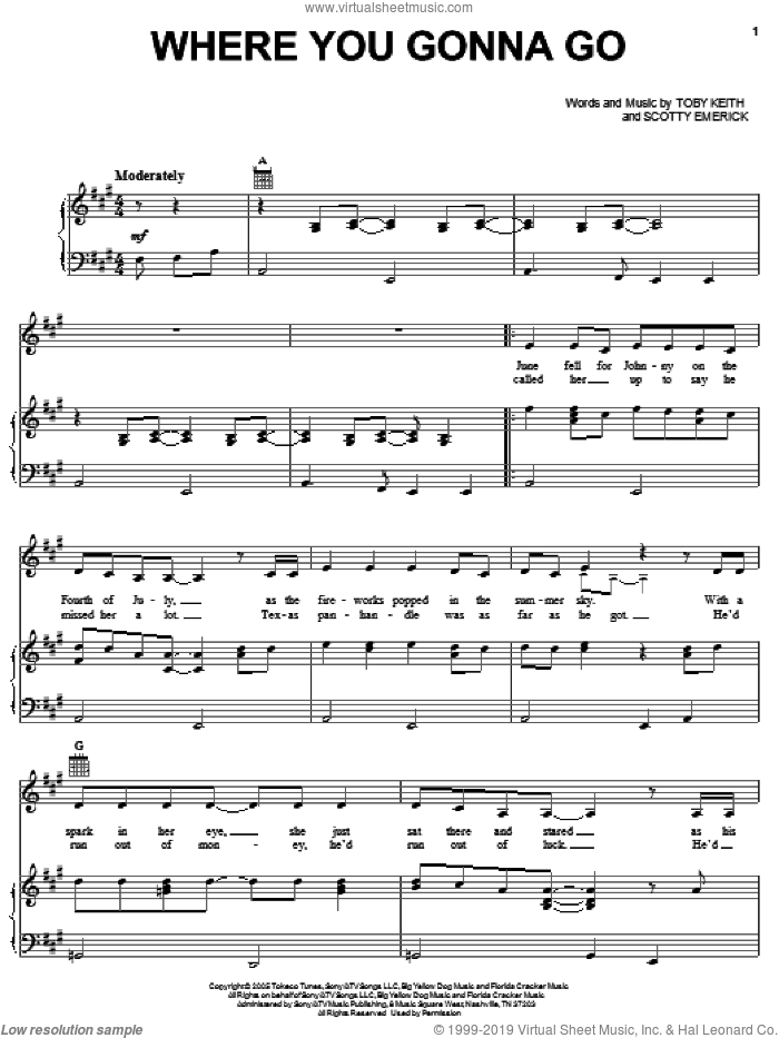 Where You Gonna Go sheet music for voice, piano or guitar by Toby Keith and Scotty Emerick, intermediate skill level